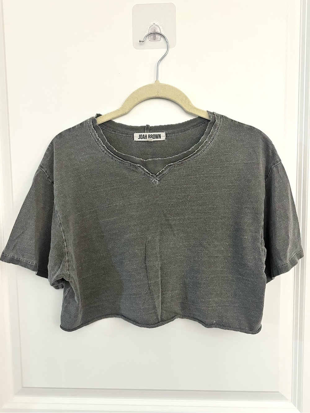 Joah Brown Notched Neck Boxy Cropped Tee in Charcoal Gray Vintage Wash One Size